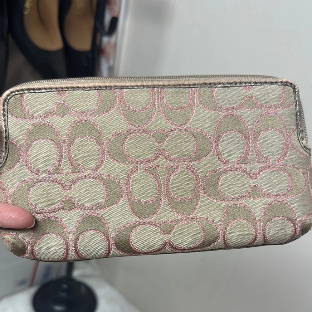 Coach Tan and Pink Signature Wristlet Clutch